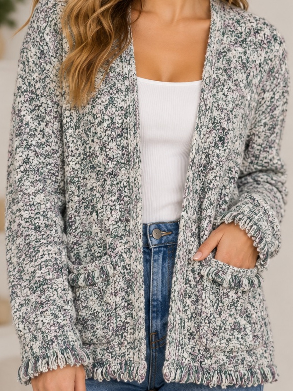 J. Crew Marled Open-Front Cardigan in Cream and Green